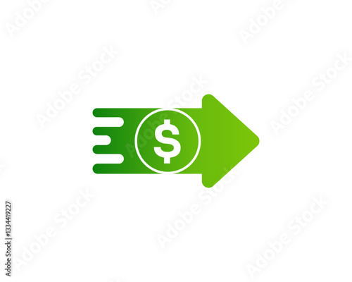 A minimalistic money transfer logo featuring a green dollar symbol and a fast arrow, symbolizing quick transactions, wealth flow, and successful investments in a flat design.