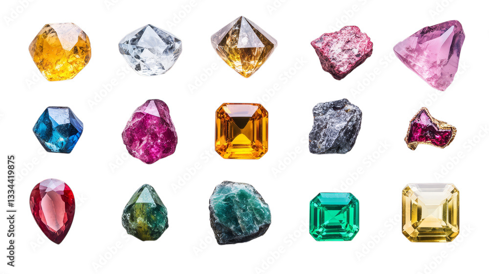 Fototapeta premium Collection of multicolored gemstones and crystals on transparent background