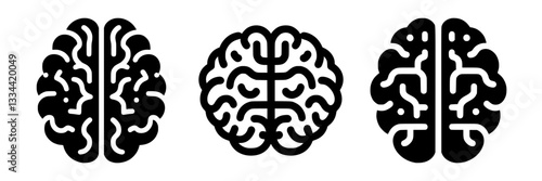 Black silhouette illustration of stylized brains with diverse patterns