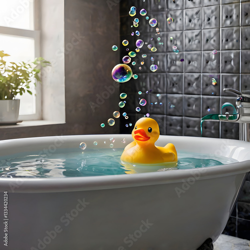 Bath Time Bubbles: A joyful yellow rubber ducky bobs happily in a bathtub full of water, surrounded by playful bubbles, capturing a moment of carefree fun and relaxation.
