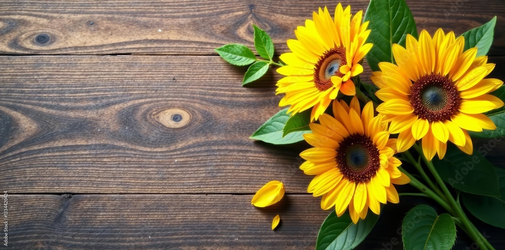 Obraz premium Sunlit sunflowers arranged in a bouquet on textured wood backdrop, vibrant, rustic