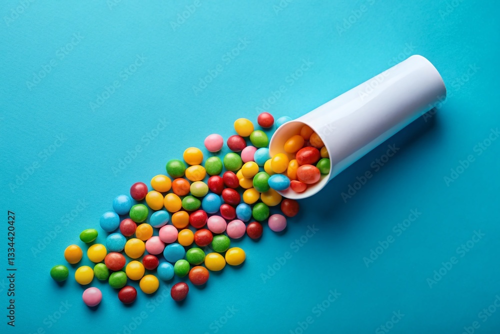 Colorful Candies Pouring from White Tube - Flat Lay Macro Photography