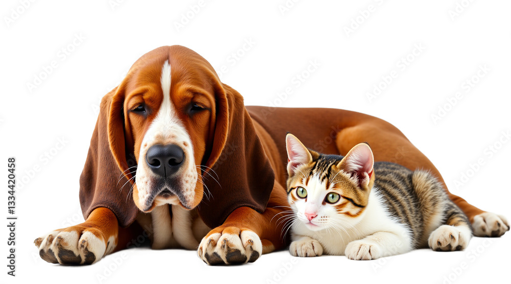 Obraz premium Basset hound puppy and tabby cat, friendship, isolated on transparent background. Calm, affectionate pets for heartwarming designs, animal care, and pet adoption themes.