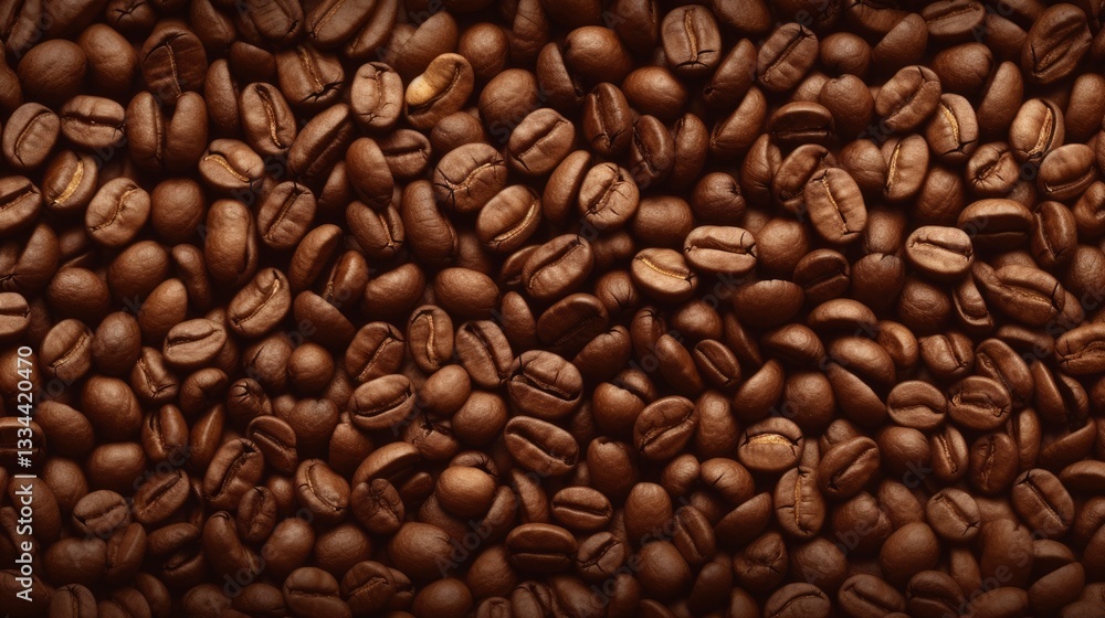 Fototapeta premium Aromatic roasted coffee beans background showcasing rich brown hues and intricate texture details, perfect for coffee related designs and culinary projects