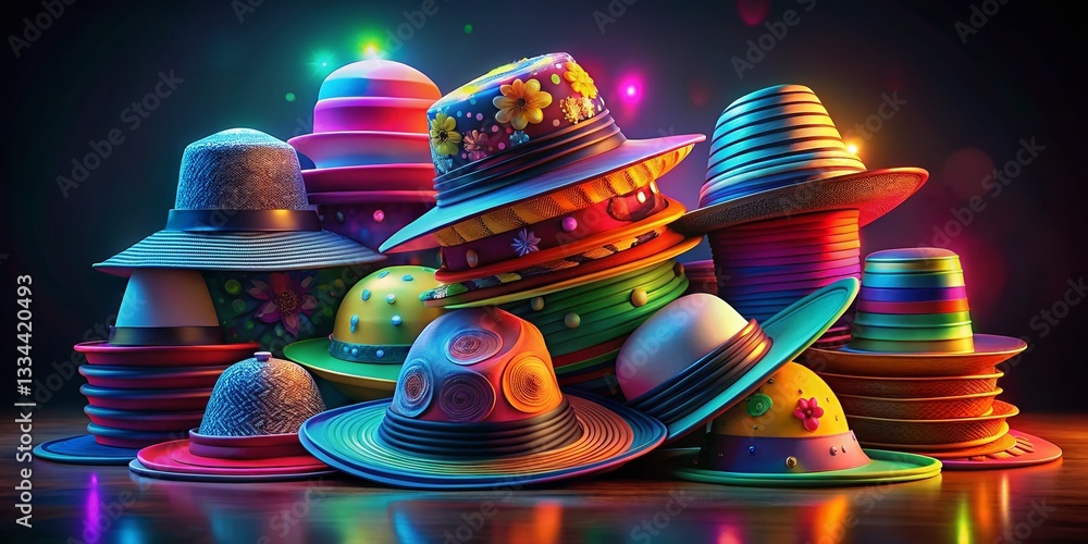 Colorful Cartoon Hats Stack Illustration - Low Light Photography Style