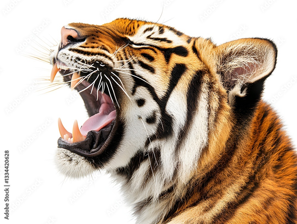 Fototapeta premium A majestic tiger roars with its mouth wide open showcasing teeth and powerful fangs against a pure white background.