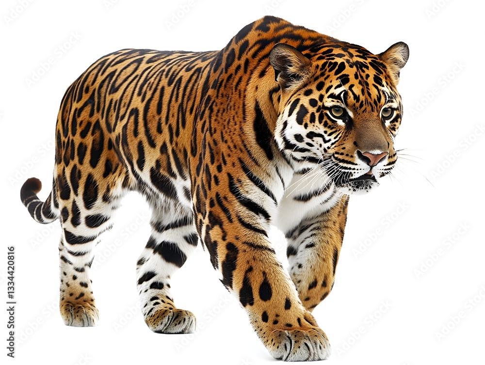 Obraz premium A majestic with strikingly beautiful spotted coat walks confidently against a pure white background showcasing its powerful presence.