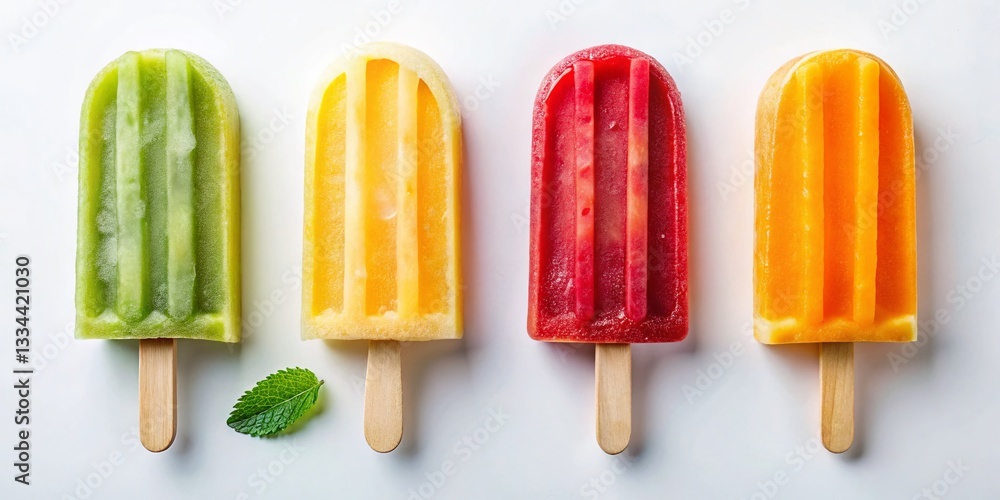 Colorful Fruit Popsicles Isolated on White Background - Summer Refreshment Stock Photo