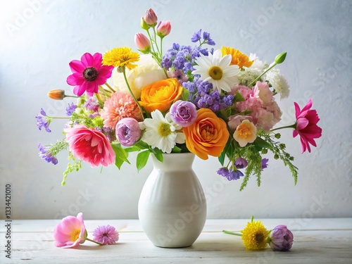 Obraz na płótnie Colorful Flower Bouquet in Charming Vase, White Background Stock Photo w salonie