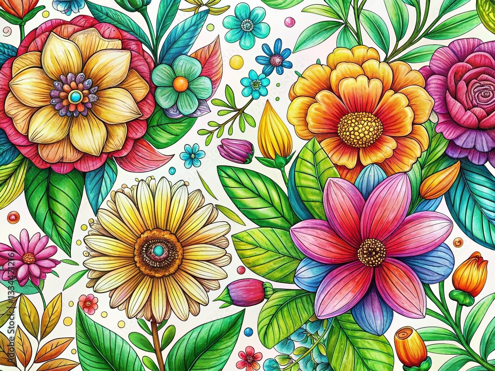 Colorful Hand-Drawn Flowers, Leaves & Floral Elements - High-Resolution Stock Photo