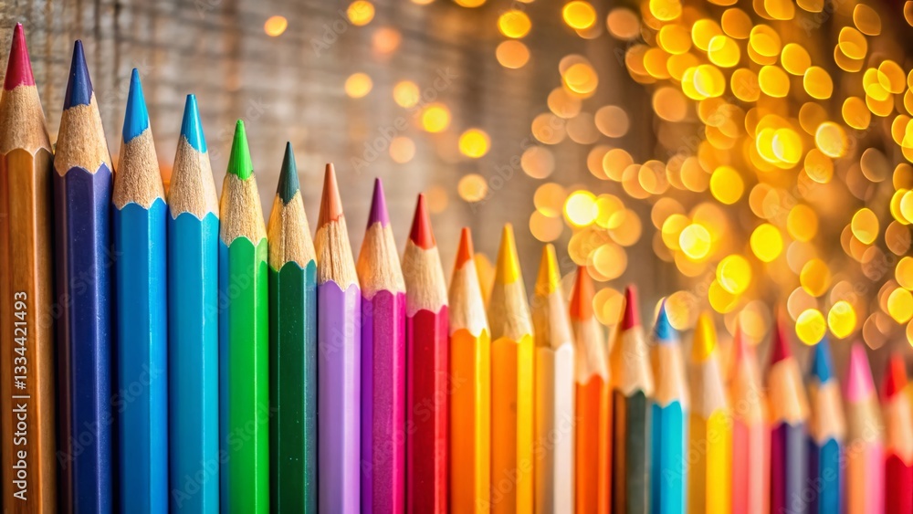 Colorful Pencils Arranged in a Row on Wall, Bokeh Background - Stock Photo