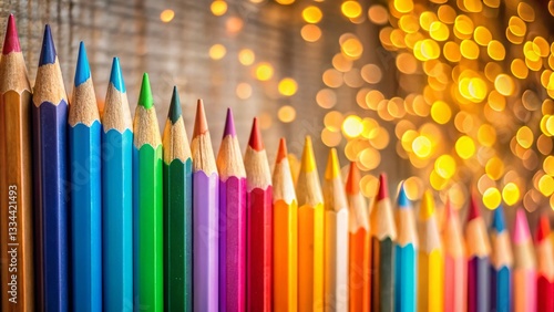 Obraz na płótnie Colorful Pencils Arranged in a Row on Wall, Bokeh Background - Stock Photo w salonie