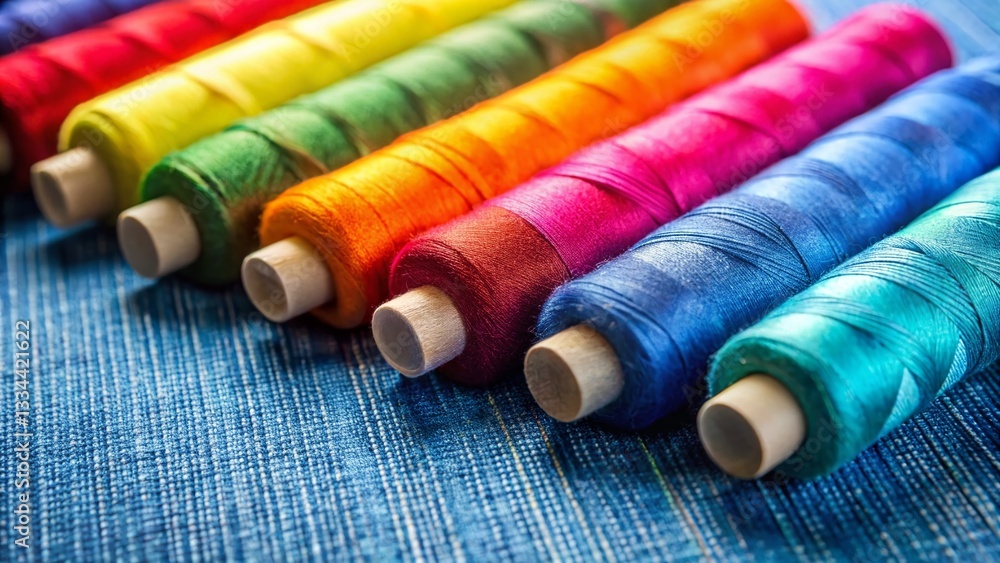 Colorful Sewing Thread Spools on Denim Background - Craft Supplies Photography