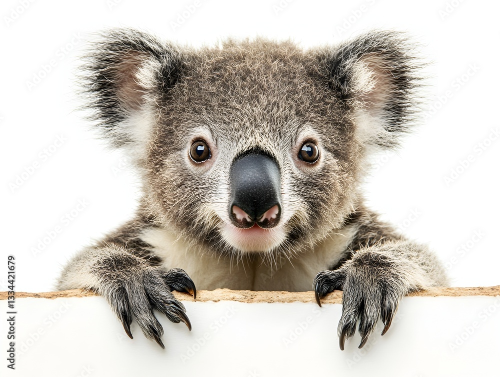 Fototapeta premium An adorable baby koala bear cub peeking over a white sign with its paws showing cute fluffy fur.