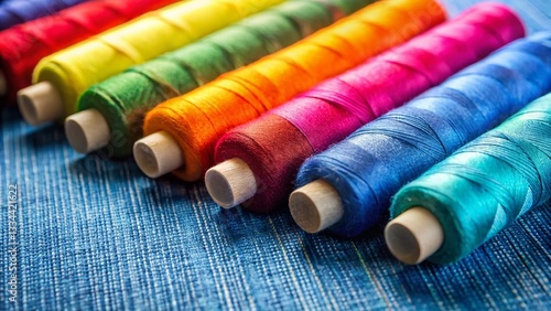 Obraz na płótnie Colorful Sewing Thread Spools on Denim Background - Craft Supplies Photography w salonie