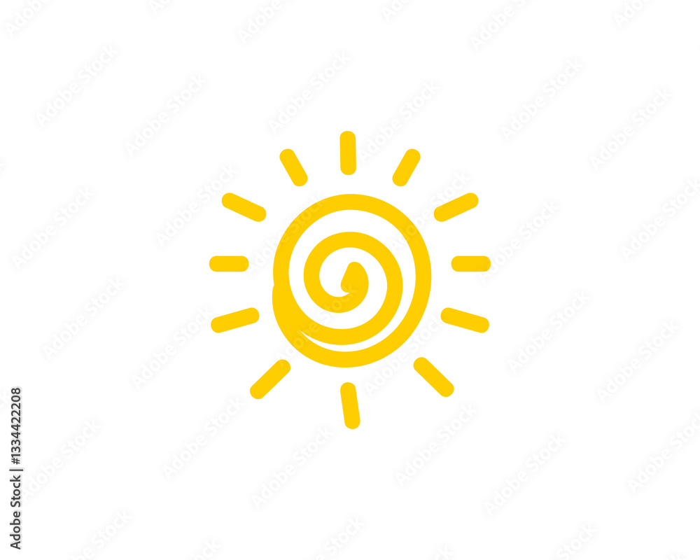 A simple yellow spiral sun emitting bright rays, representing warmth, light, and positivity. A simple yellow spiral sun emitting bright rays, representing warmth, light, and positivity.