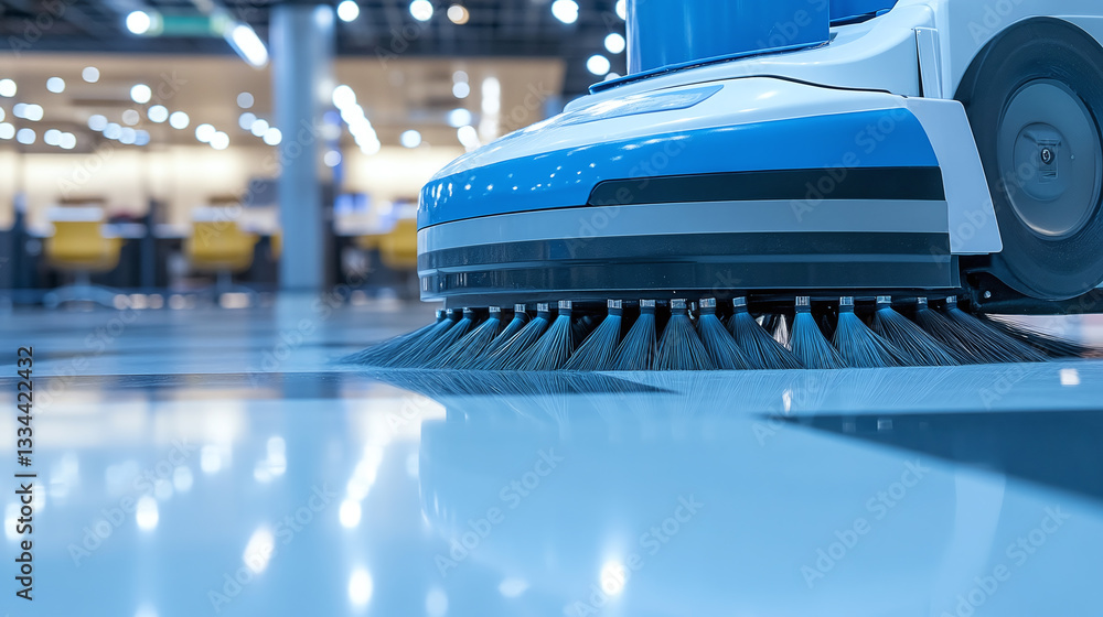 Close-up Image of a Cleaning Machine Scrubbing Hard Floors in a Professional Office Setting Close-up Image of a Cleaning Machine Scrubbing Hard Floors in a Professional Office Setting