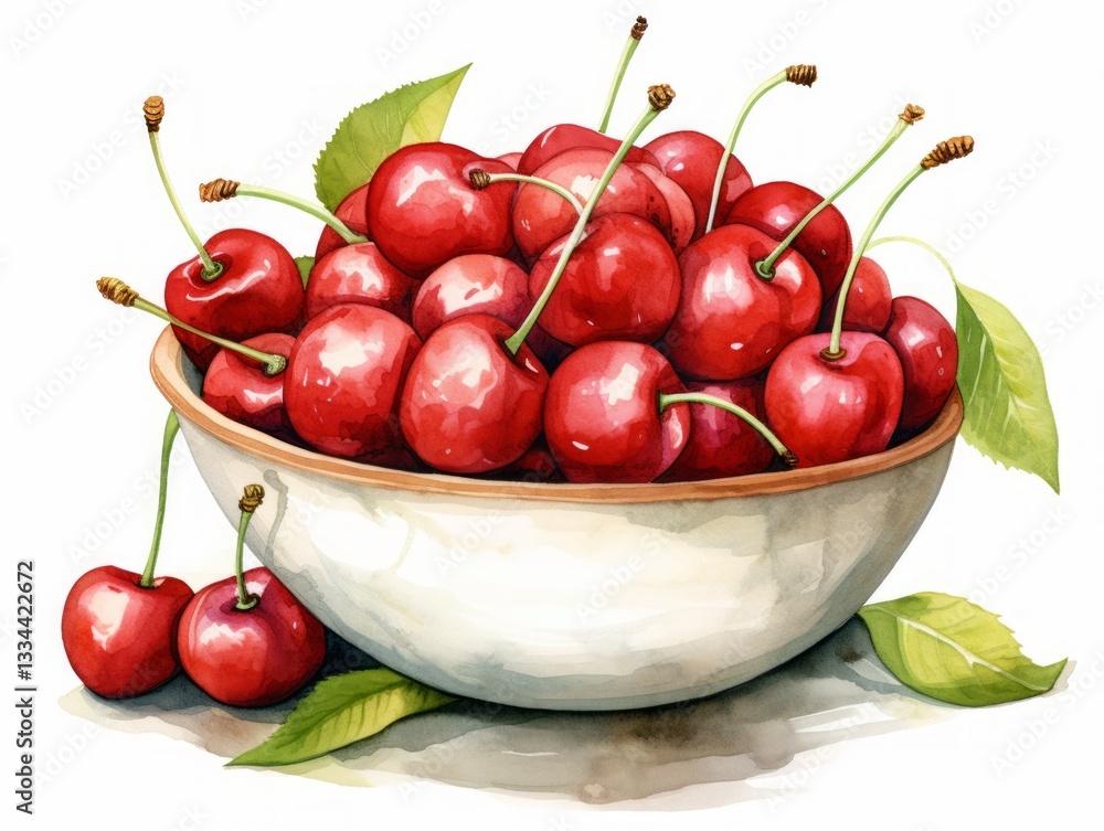 Delicate Watercolor Illustration of Fresh Cherries in a Ceramic Bowl on a Picnic Table with White Background Delicate Watercolor Illustration of Fresh Cherries in a Ceramic Bowl on a Picnic Table with White Background
