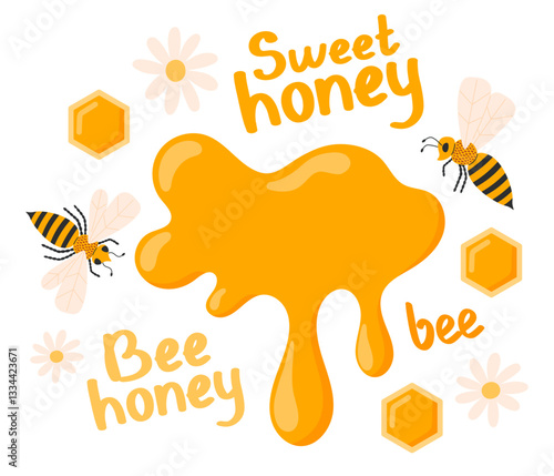 Sweet bee honey. Honey drop, bee and flowers. Bee honey and apiary concept. Vector illustration isolated on white background