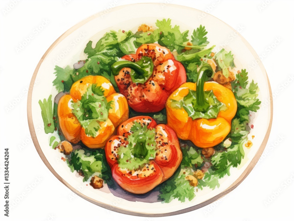 Delicious and Healthy Quinoa Stuffed Bell Peppers on a White Background with Minimalistic Watercolor Illustration Delicious and Healthy Quinoa Stuffed Bell Peppers on a White Background with Minimalistic Watercolor Illustration