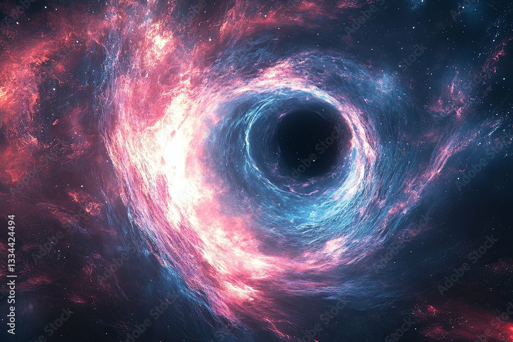 A vast black hole surrounded by swirling colorful nebula clouds A vast black hole surrounded by swirling colorful nebula clouds