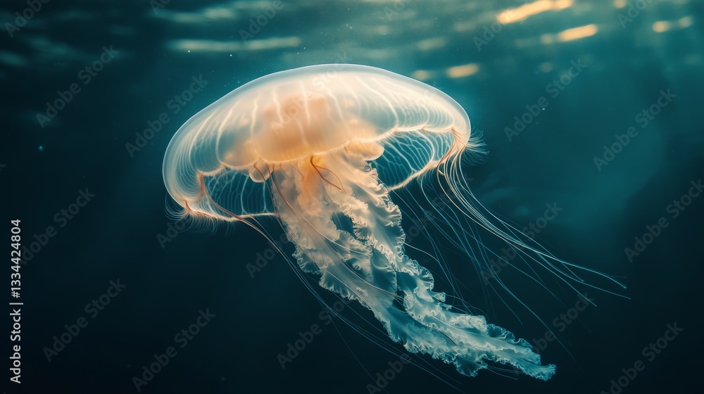 Naklejka premium Pulsating gentle jellyfish underwater scene gigapixel artwork marine environment close-up view tranquil nature concept