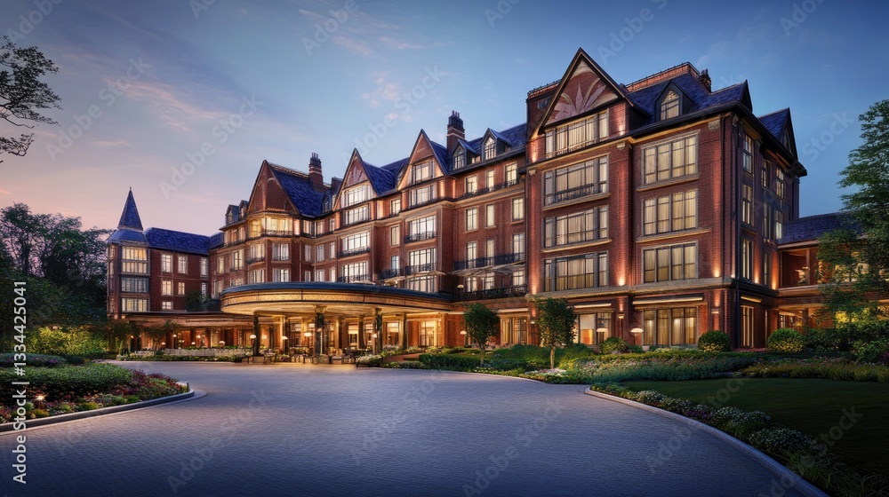 Naklejka premium Grand luxury hotel exterior with a sophisticated driveway, warm lighting, and an elegant facade.