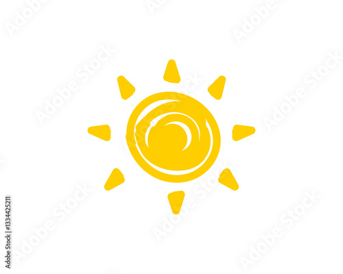 Simple yellow sun icon with bright rays and circular center stands out on a clean space.