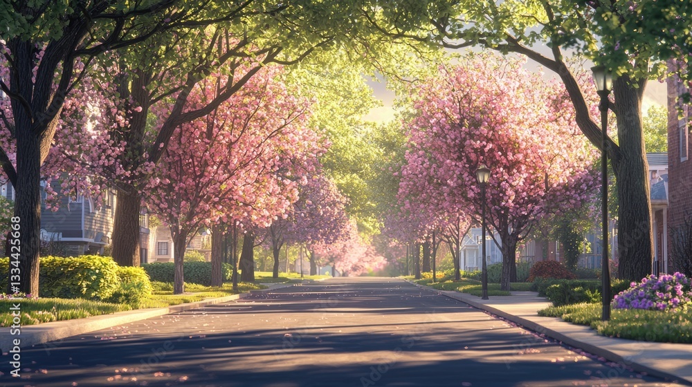 Naklejka premium Serene street lined with blooming trees under soft morning light.