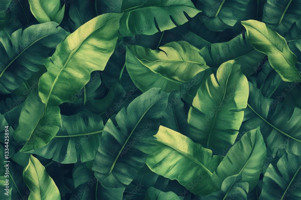 Fototapeta premium Lush Green Tropical Banana Leaves Botanical Background