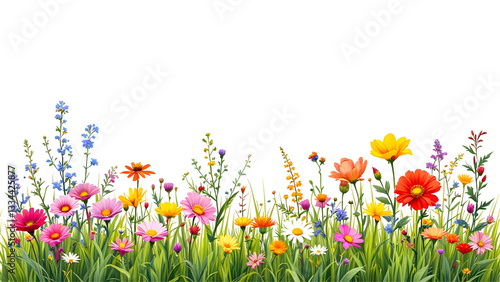 Colorful meadow and garden flowers isolated transparent background.