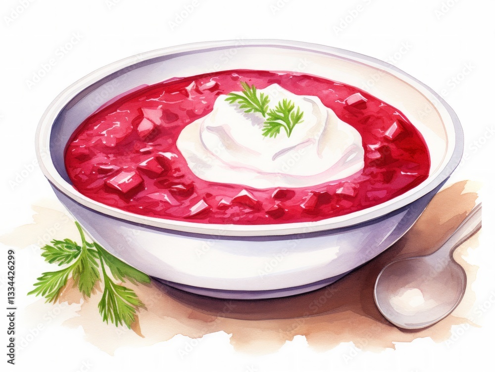 Delicious homemade borscht with sour cream in a bowl on a white background minimalistic watercolor illustration Delicious homemade borscht with sour cream in a bowl on a white background minimalistic watercolor illustration