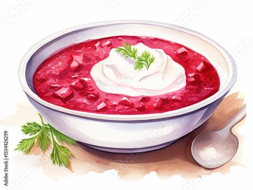 Wallpaper Mural Delicious homemade borscht with sour cream in a bowl on a white background minimalistic watercolor illustration Torontodigital.ca