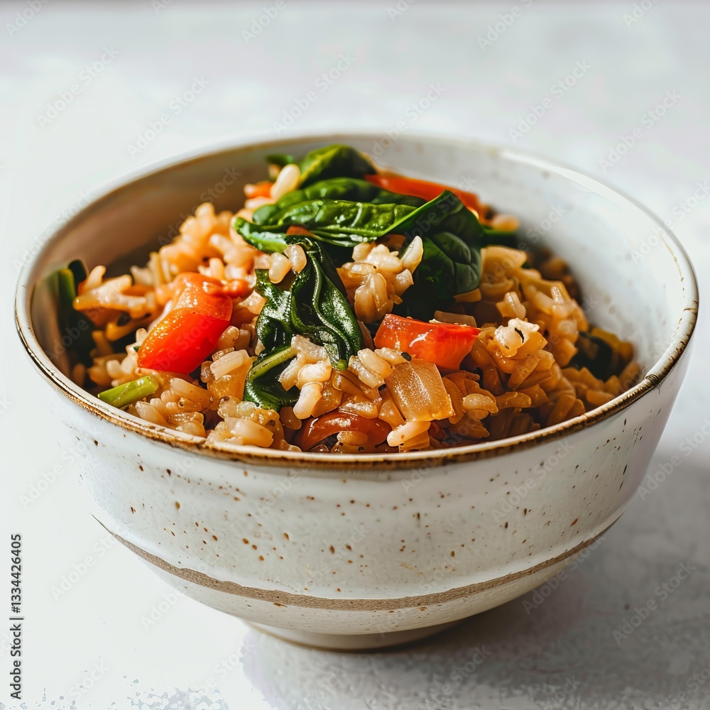 Delicious homemade braised brown rice with spinach and tomato in a white kitchen setting Delicious homemade braised brown rice with spinach and tomato in a white kitchen setting