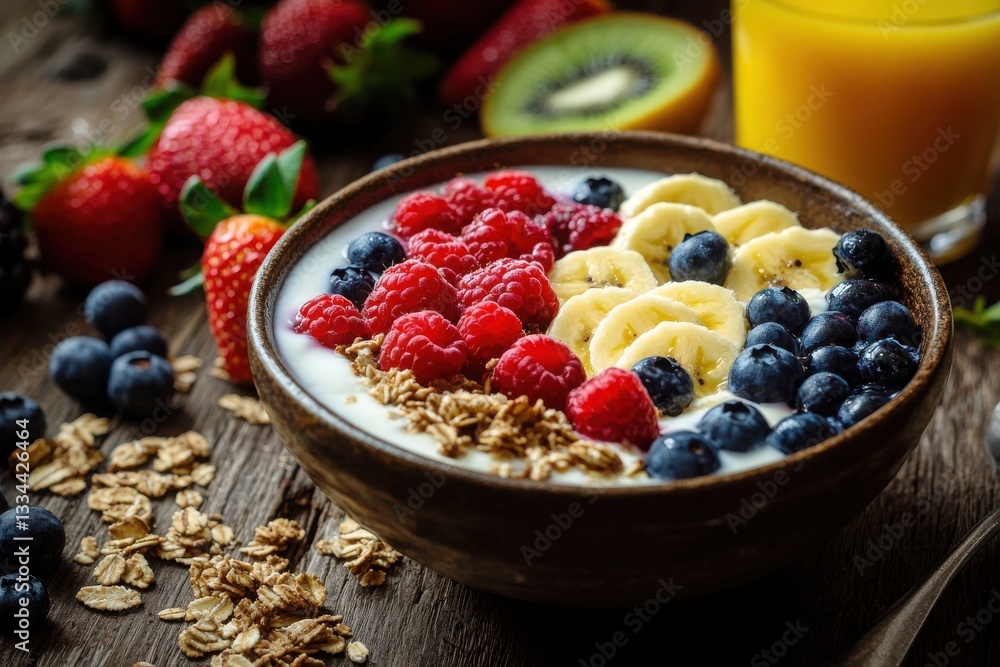 A healthy breakfast bowl artfully arranged on a rustic wooden table exuding warmth and charm with a focus on a balanced and nourishing diet A healthy breakfast bowl artfully arranged on a rustic wooden table exuding warmth and charm with a focus on a balanced and nourishing diet