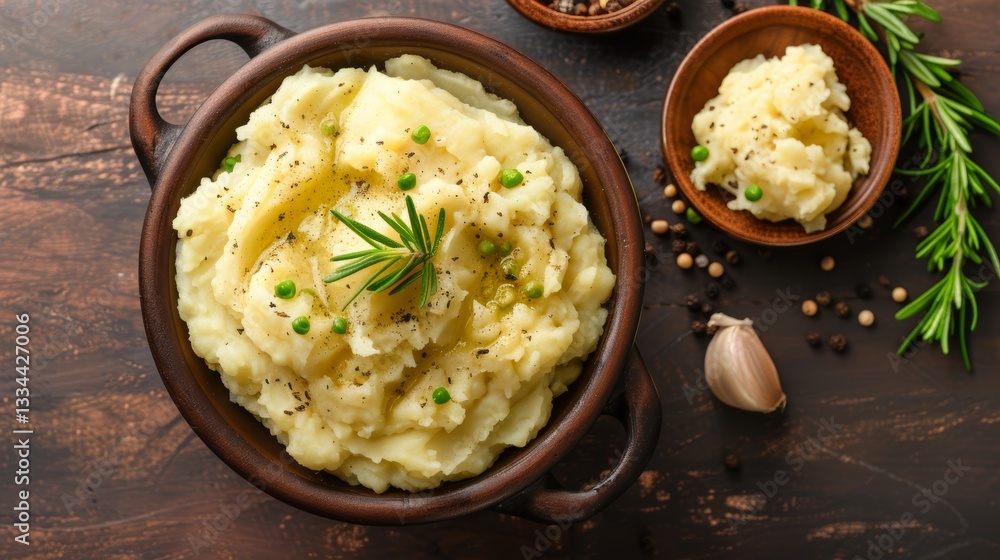 Delicious homemade mashed potatoes in a bowl on a table setting with clean lines and natural lighting Delicious homemade mashed potatoes in a bowl on a table setting with clean lines and natural lighting