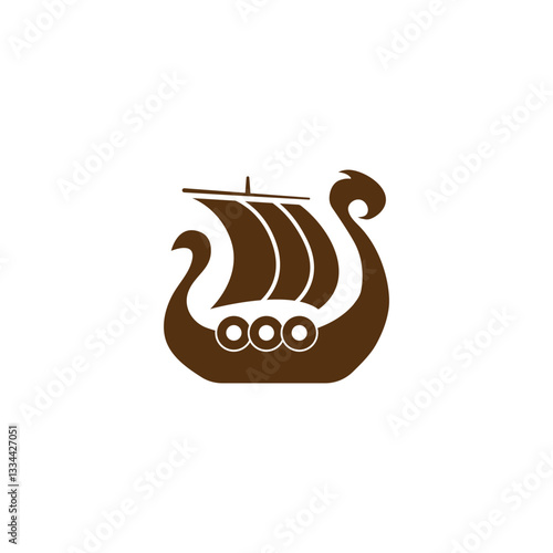 A vector Viking ship icon with a dragon bow and sail, symbolizing Scandinavian medieval warships, marine design, and Norse mythology.
