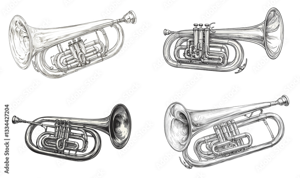 Naklejka premium Illustrations of Four Different Flugelhorns Musical Instruments isolated with Transparent Background