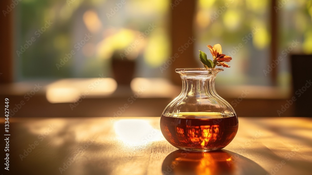 Glass vase with flower and tea on wooden table in soft sunlight Glass vase with flower and tea on wooden table in soft sunlight
