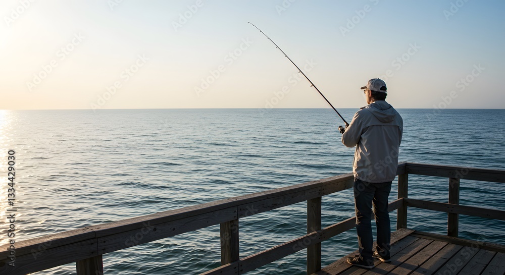 Fishing Off a Pier at Sunset Enjoying Calm Ocean Views and Peaceful Moments Fishing Off a Pier at Sunset Enjoying Calm Ocean Views and Peaceful Moments