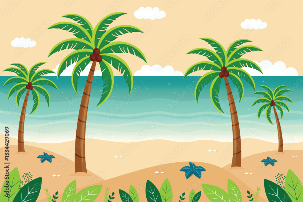 Fototapeta premium Flat Vector Illustration of Summer Tropical Beach with Palms.