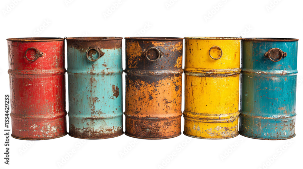 Rusty colorful metal barrels in a row displaying wear and tear Rusty colorful metal barrels in a row displaying wear and tear