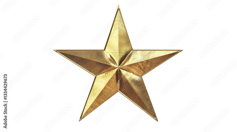 Obraz premium A shining and elegant gold star, created through generative AI, is distinctly isolated on a pure white background. The golden hue of the star glows brightly, making it a striking and eye-catching elem