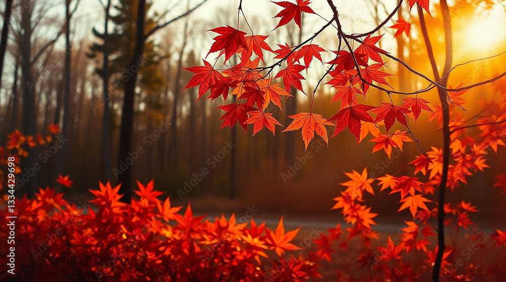 autumn leaves in the forest, autumn landscape bathed in golden hour sunlight. Falling maple leaves in vibrant orange and red against a soft-focus forest background. Warm tones dominate, showcasing autumn leaves in the forest, autumn landscape bathed in golden hour sunlight. Falling maple leaves in vibrant orange and red against a soft-focus forest background. Warm tones dominate, showcasing
