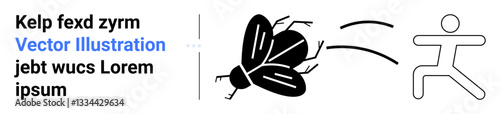 Large insect flying towards a human figure running away, symbolizing danger, urgency, and escape. Ideal for warning, fear, reactions, avoidance, nature action and simple landing page