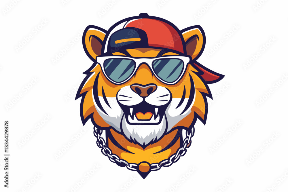Naklejka premium funny tiger head with summer sunglasses and chain