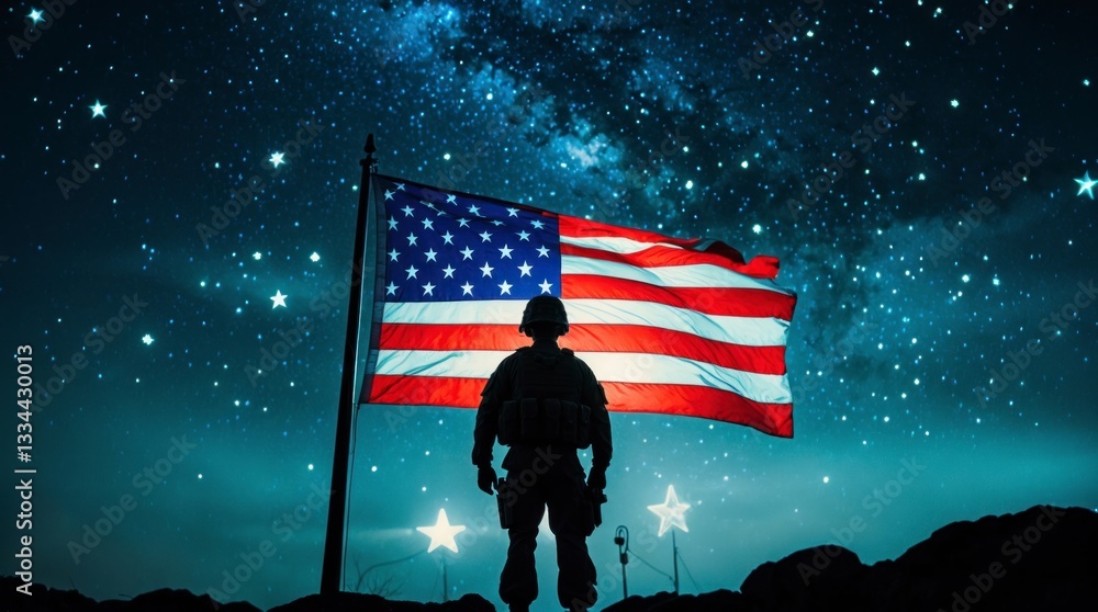 Fototapeta premium Silhouette Soldier American Flag Night Sky Stars