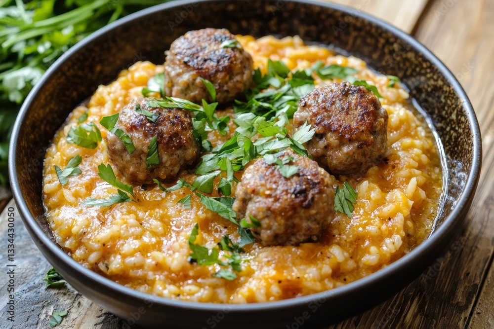 Delicious meatball and pumpkin risotto dish on a plate Delicious meatball and pumpkin risotto dish on a plate