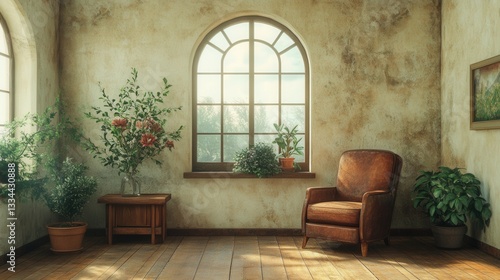 Cozy, rustic room with a leather armchair, warm light, and a glimpse of nature through a weathered window. Evokes a sense of quiet solitude