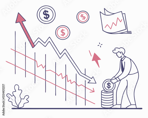 Stock Market Chart with Decline and Investment Concept. Vector illustration showing a stock market graph with falling and rising arrows, dollar coins, financial charts.